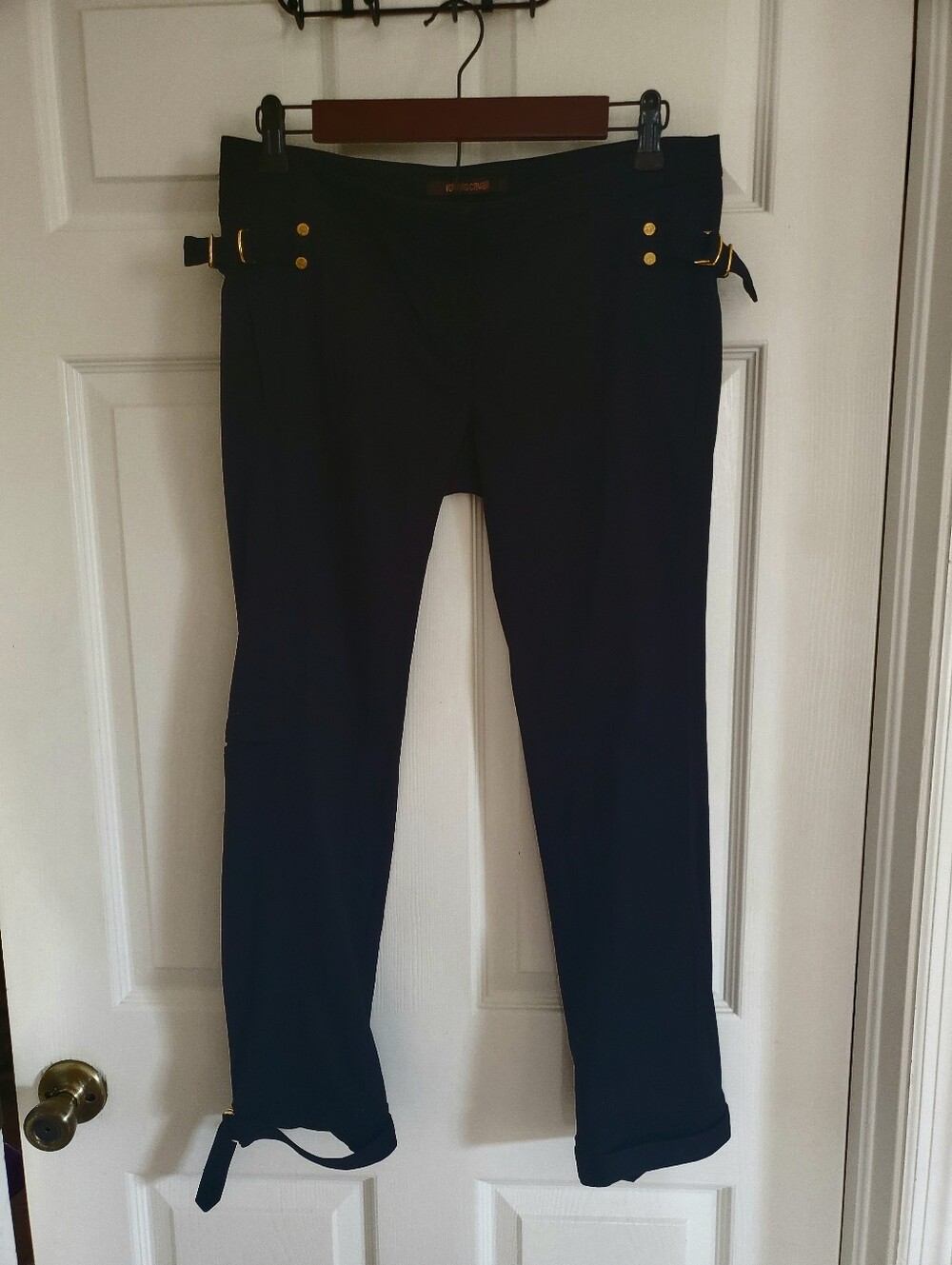 Robert Cavalli Black Capri Pants with Gold Accent Buckles NWOT 40